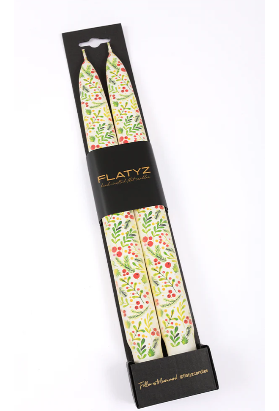 Flatyz - Winter Greenery & Holly Berries - Set of 2 Taper Candles - 24V217