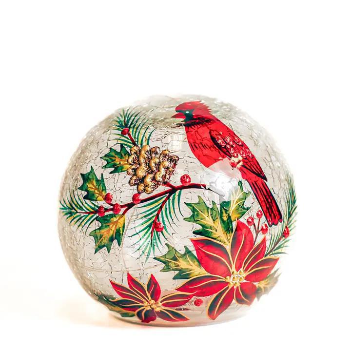 A Cheerful Giver - Poinsettia Cardinal Glass Orb w/ Led String Lights - CWD164