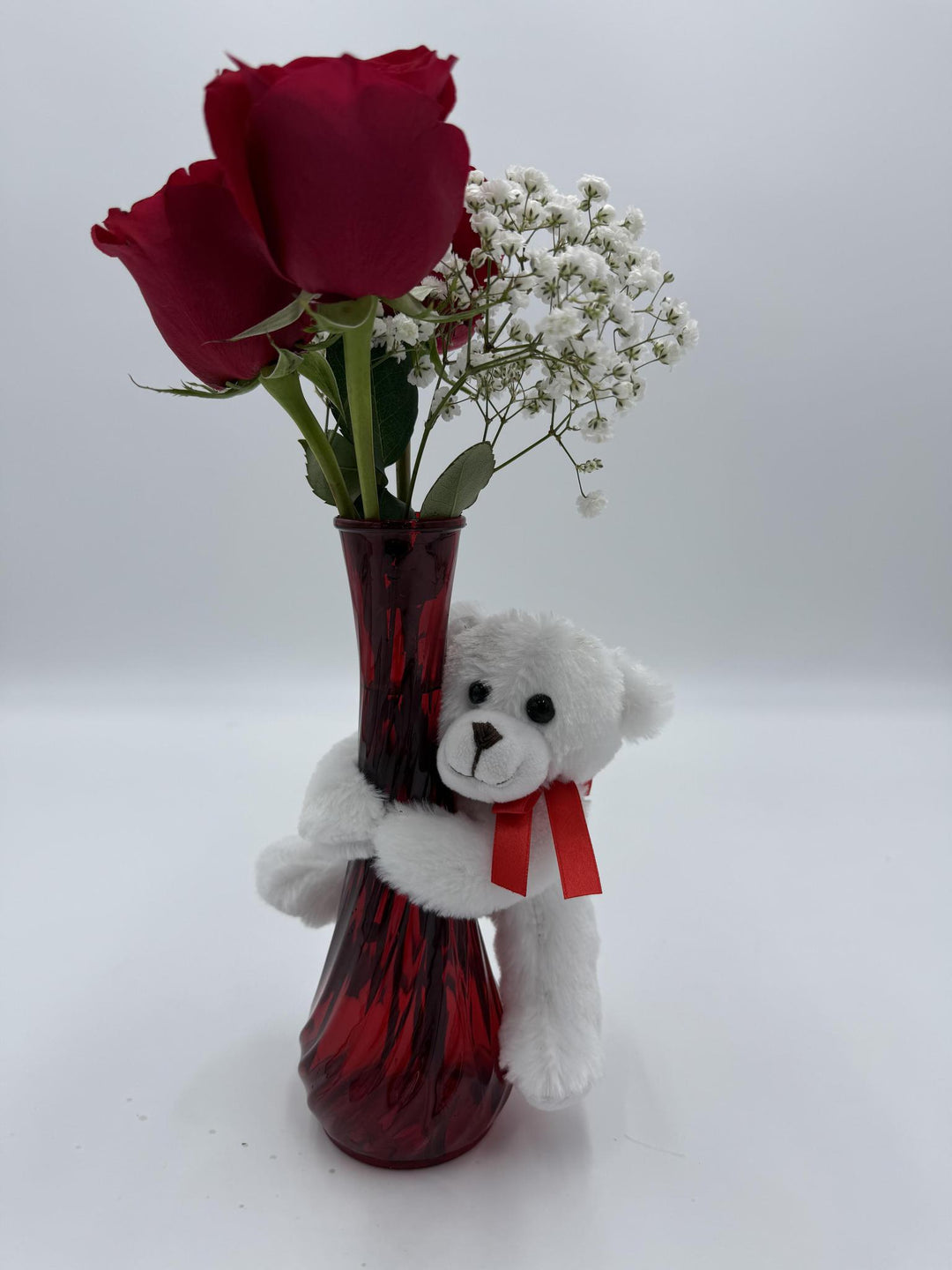 Three Red Roses with Red Vase & Vase Hugging Bear