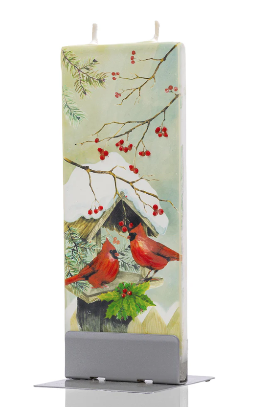 Flatyz - Flat Candle - Cardinals on Snowy Bird House - D24016