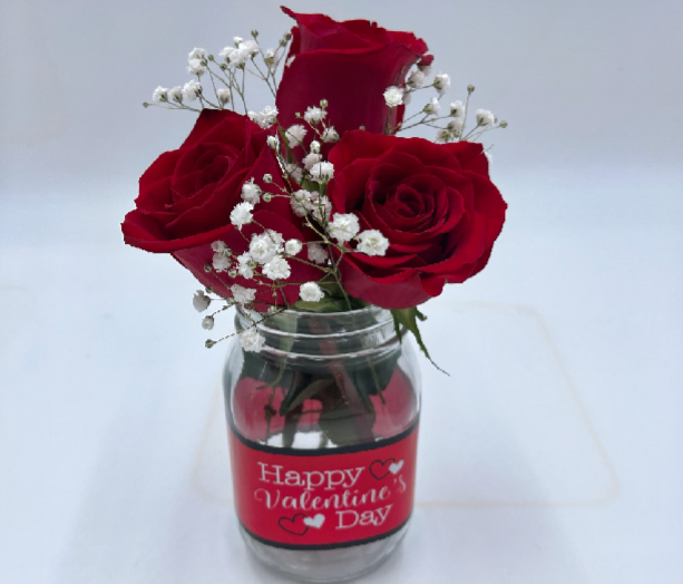 3 Red Roses in Pint Mason Jar "Happy Valentine's Day"