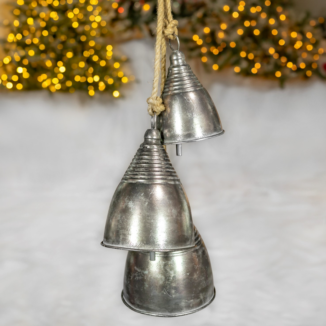 35.8" Hanging 3pc Antique Silver Iron Bell Cluster - Eastern Style - ZR233001-SV4