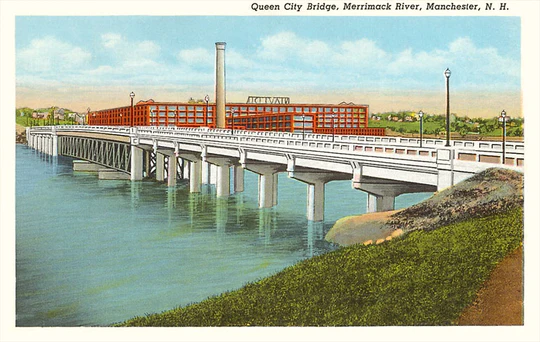 Found Image Press - NH-168 Postcard: Queen City Bridge, Merrimack River, Manchester NH-00168-PC2001-M