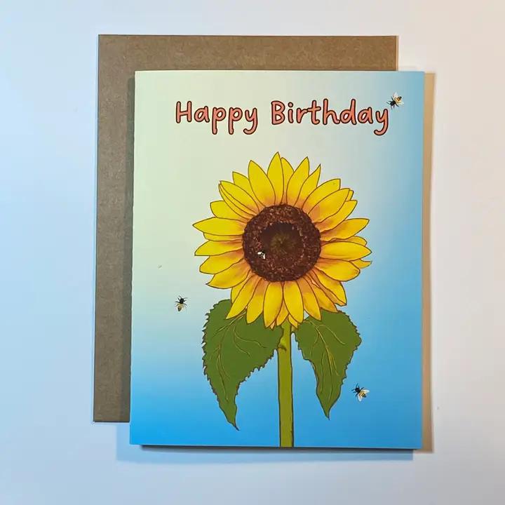 Raven's Edge Studio - Happy Birthday Card - Sunflower (with bees) - Eco Friendly, Kraft Brown Envelope
