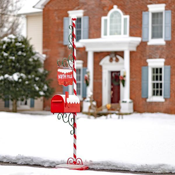 72" Tall Christmas Mailbox with Candy Cane Pole and Hanging Sign Plate ZR361690