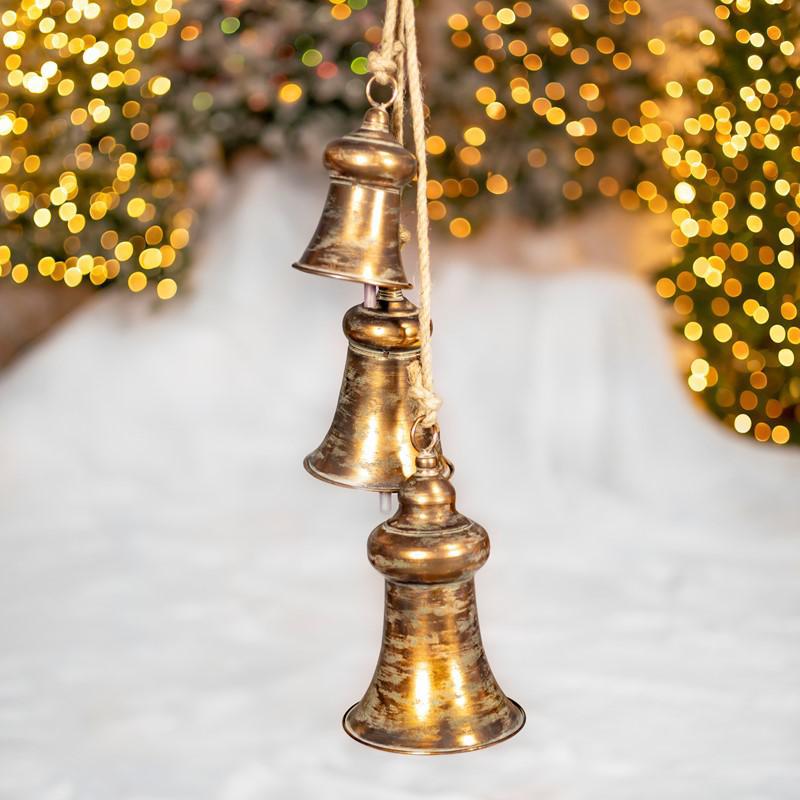 32.7" Hanging 3pc Antique Gold Iron Bell Cluster - Narrow Traditional Style - ZR233001-GD2
