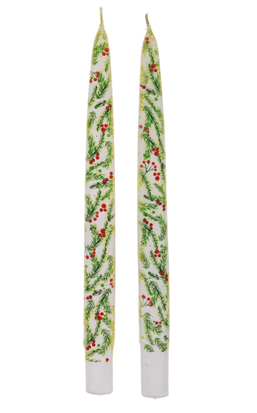 Flatyz - Christmas Pine Needles and Berries - Set of 2 Taper Candles - 24V208