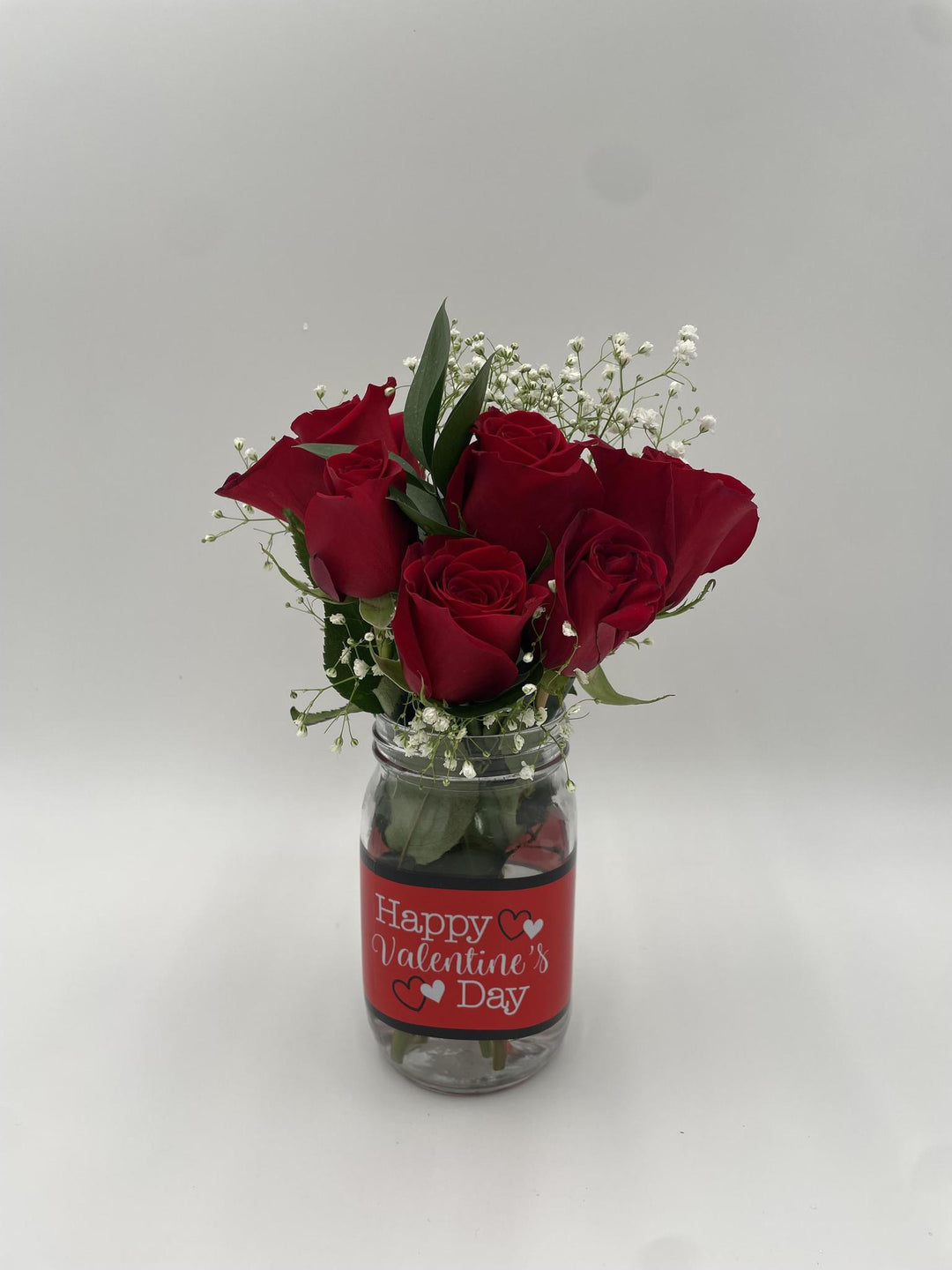 6 Red Roses in Quart Mason Jar "Happy Valentine's Day"
