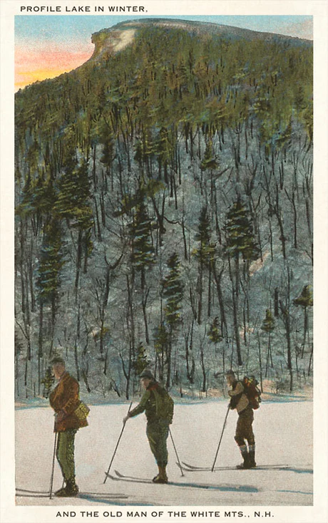 Found Image Press - NH-213 Postcard: Skiers by Old Man of the Mountain NH-00213-PC2001-M