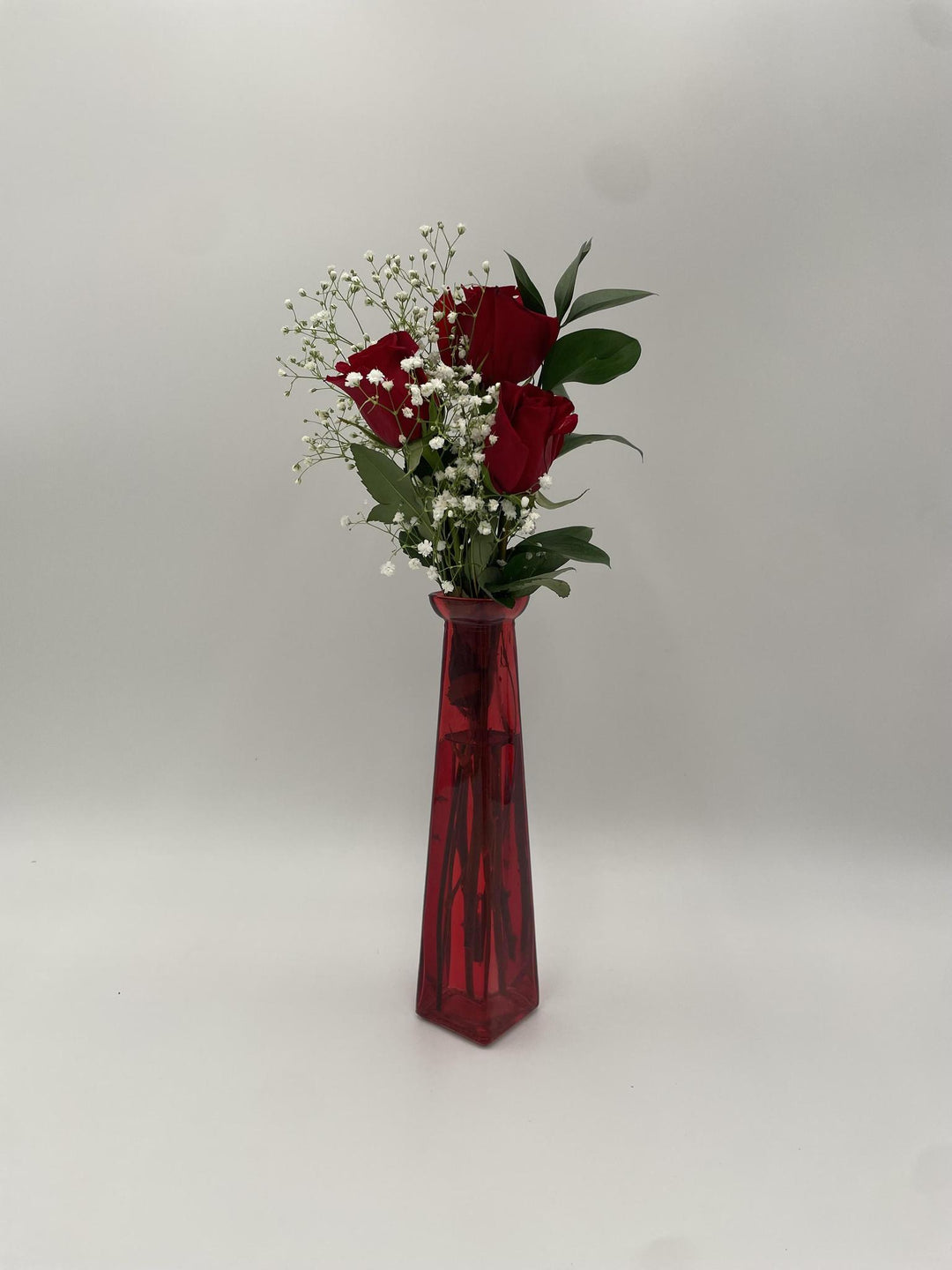 Three (3) Red Roses in Tall Colored Vase
