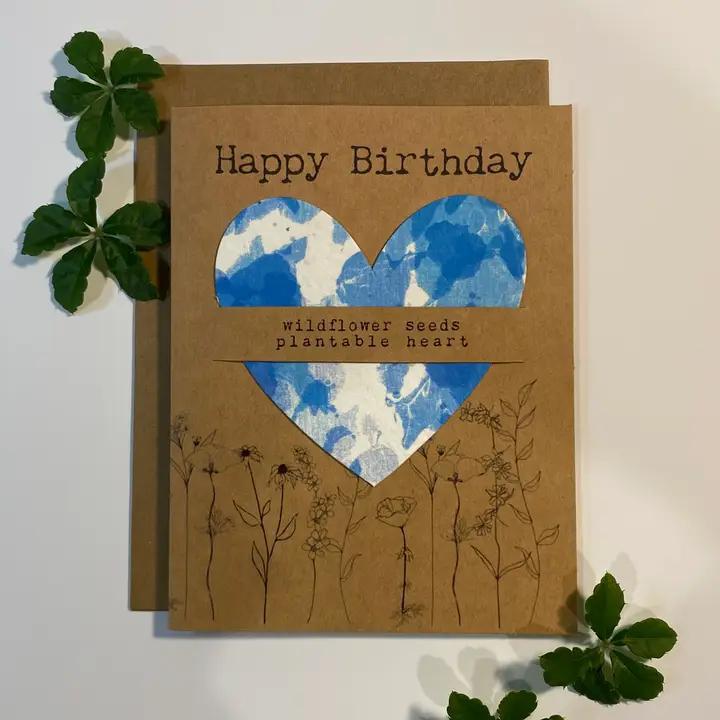 Raven's Edge Studio - Plantable Heart Card | Happy Birthday Card | Eco Conscious | Blue Tie Dye