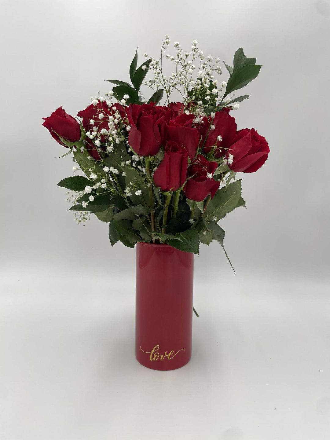 Dozen Red Roses in Tall Red "Love" Vase
